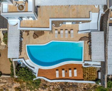 Aerial top view of the pool at Villa Alkioni in Agios Lazaros, Mykonos
