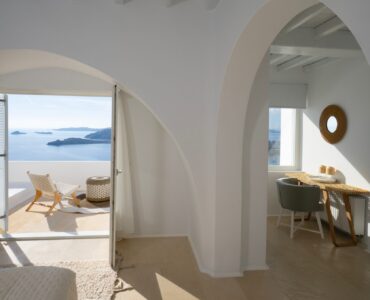 Arched doorway to the terrace at Villa Alkioni in Agios Lazaros, Mykonos