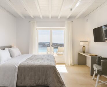 Bedroom with terrace access at Villa Alkioni in Agios Lazaros, Mykonos