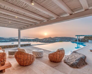 Covered lounge at sunset at Villa Alkioni in Agios Lazaros, Mykonos