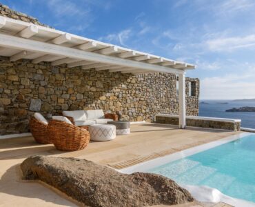 Lounge terrace by the pool at Villa Alkioni in Agios Lazaros, Mykonos