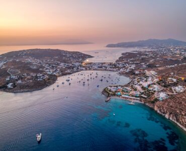 Panoramic view of the bay at sunset at Villa Alkioni in Agios Lazaros, Mykonos