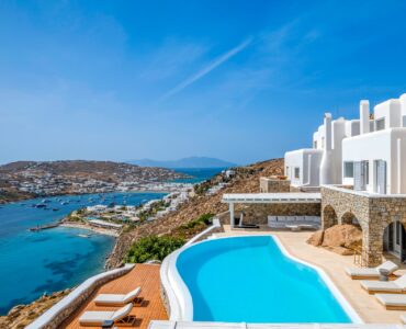 Pool and bay view at Villa Alkioni in Agios Lazaros, Mykonos