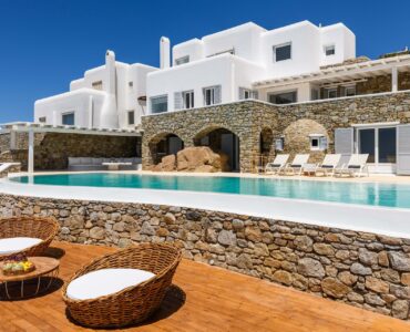 Pool terrace and villa facade at Villa Alkioni in Agios Lazaros, Mykonos