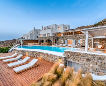 Pool terrace at dusk at Villa Alkioni in Agios Lazaros, Mykonos