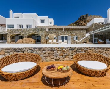 Terrace daybeds by the villa at Villa Alkioni in Agios Lazaros, Mykonos