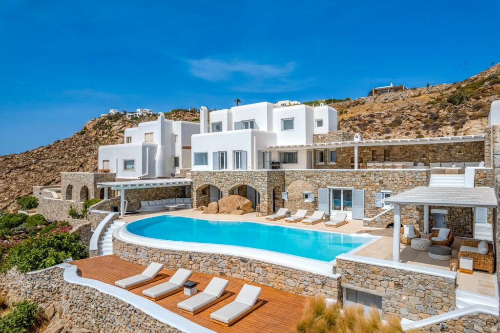 Villa and pool in daylight at Villa Alkioni in Agios Lazaros, Mykonos