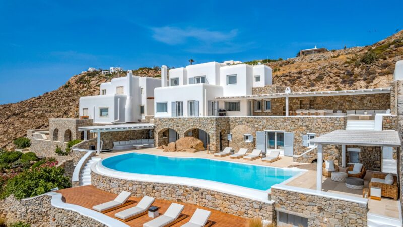 Villa and pool in daylight at Villa Alkioni in Agios Lazaros, Mykonos