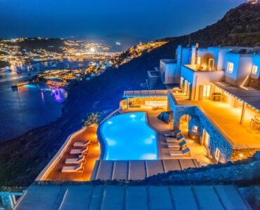 Villa illuminated at night at Villa Alkioni in Agios Lazaros, Mykonos