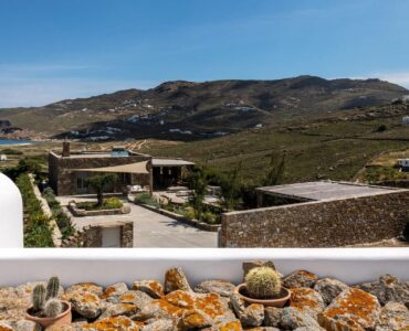 View over the Ftelia countryside to the sea at Villa Aloni in Ftelia, Mykonos