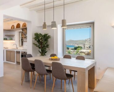 Dining area with sea views at Villa Aloni in Ftelia, Mykonos