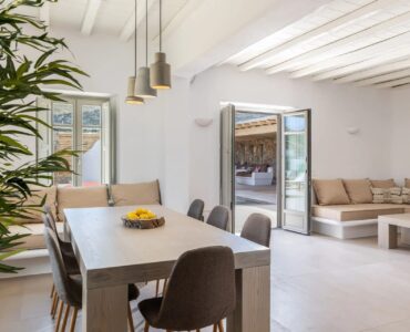 Dining and lounge area at Villa Aloni in Ftelia, Mykonos