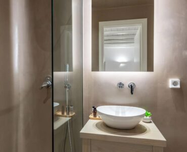 Bathroom vanity and towels at Villa Aloni in Ftelia, Mykonos