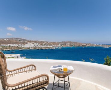Terrace armchairs with sea view at Villa Aquablue in Agios Lazaros, Mykonos