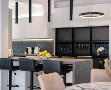 Kitchen with island at Villa Aquablue in Agios Lazaros, Mykonos
