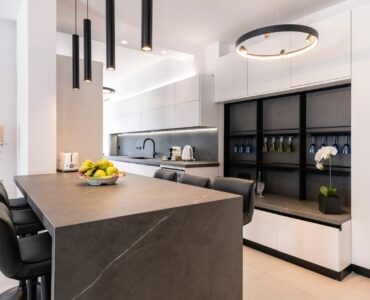 Open-plan kitchen at Villa Aquablue in Agios Lazaros, Mykonos