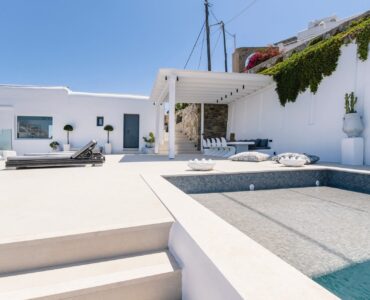 Pool terrace at Villa Aquablue in Agios Lazaros, Mykonos