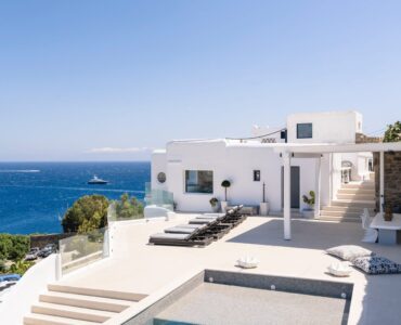 Pool and villa terraces at Villa Aquablue in Agios Lazaros, Mykonos