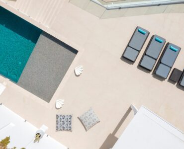 Aerial view of the pool and terrace at Villa Aquablue in Agios Lazaros, Mykonos