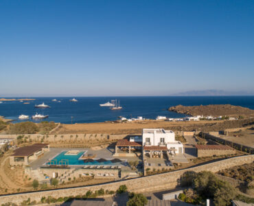 Aerial view of Villa Arion above the coast of Aleomandra, Mykonos