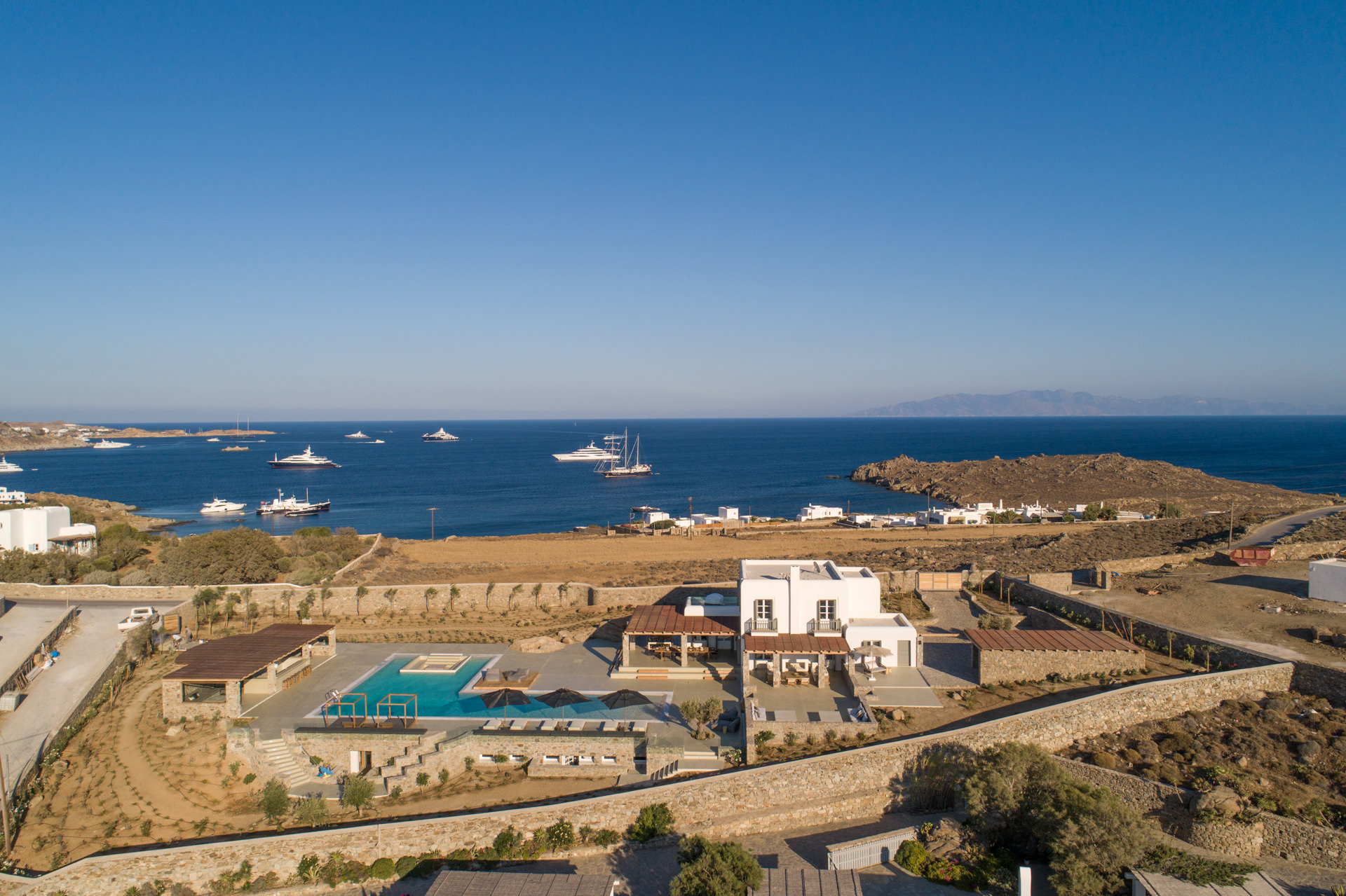 Aerial view of Villa Arion above the coast of Aleomandra, Mykonos