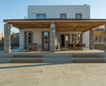 Covered terrace of the main house at Villa Arion in Aleomandra, Mykonos
