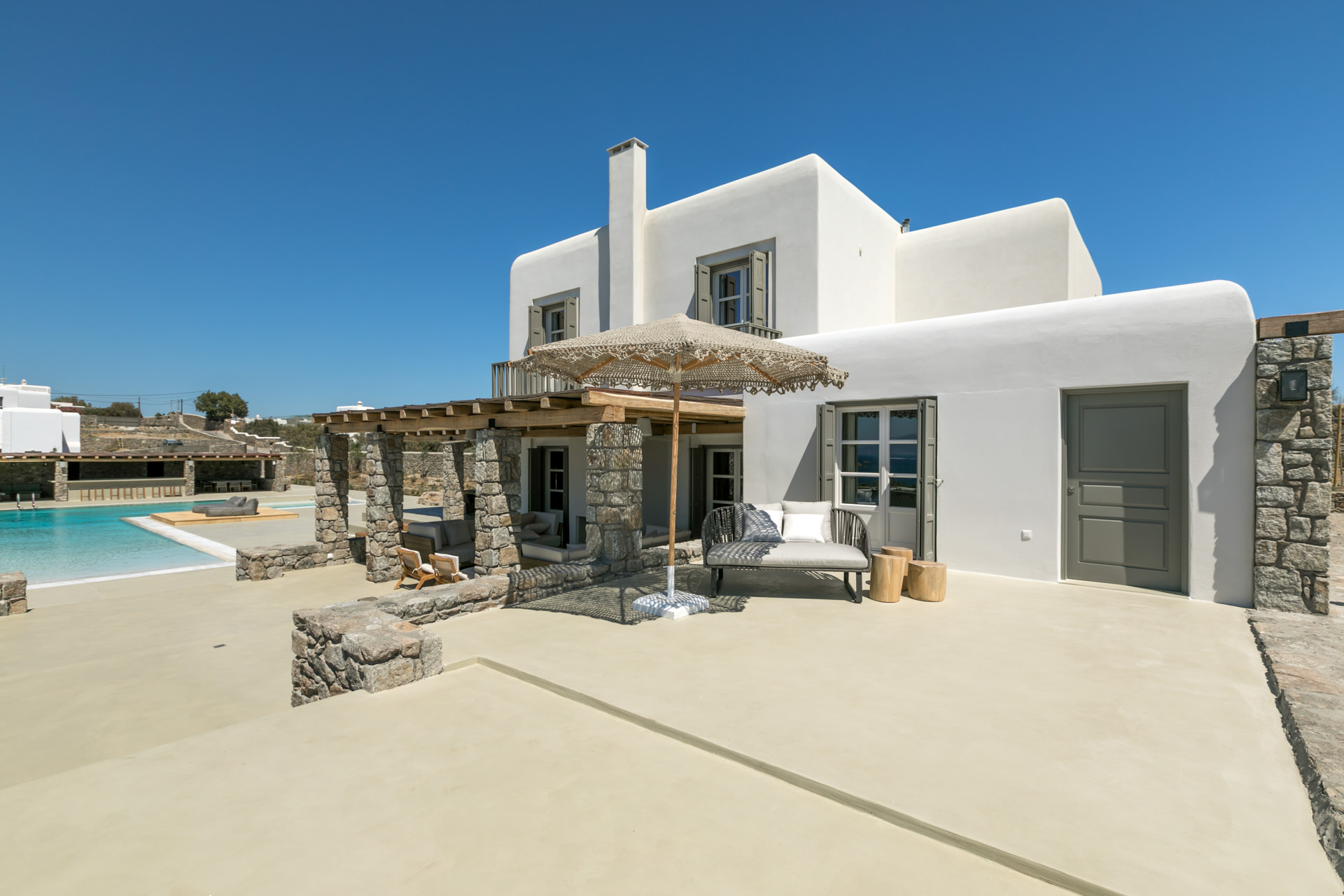 Terraces around the main house at Villa Arion in Aleomandra, Mykonos