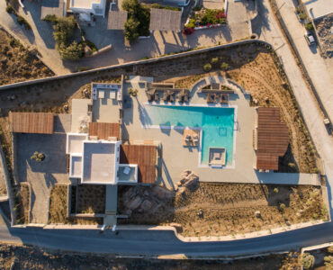 Aerial view of Villa Arion and its pool in Aleomandra, Mykonos