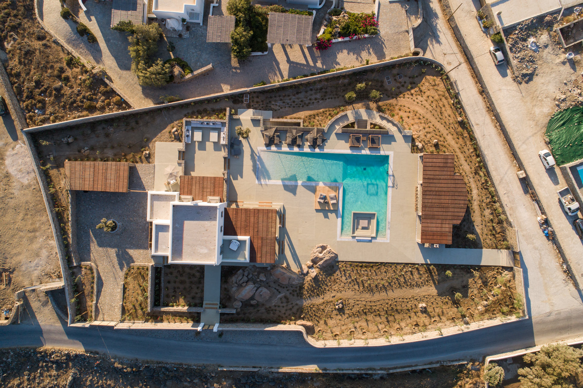 Aerial view of Villa Arion and its pool in Aleomandra, Mykonos