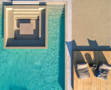 Pool sunken lounge from above at Villa Arion in Aleomandra, Mykonos