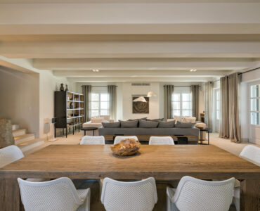 Open-plan dining and living room at Villa Arion in Aleomandra, Mykonos
