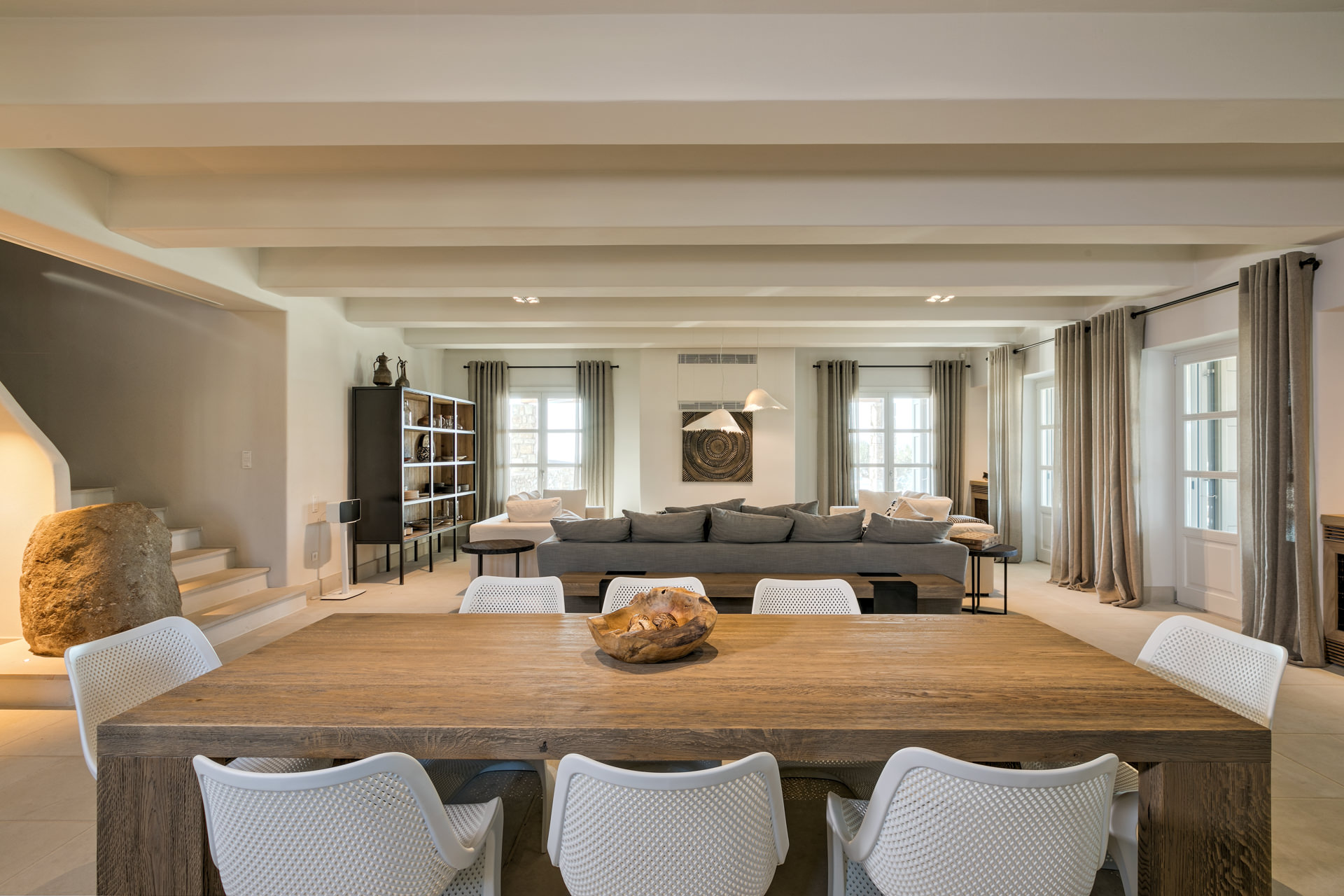 Open-plan dining and living room at Villa Arion in Aleomandra, Mykonos