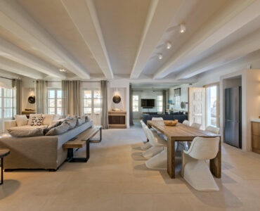 Open-plan living area at Villa Arion in Aleomandra, Mykonos