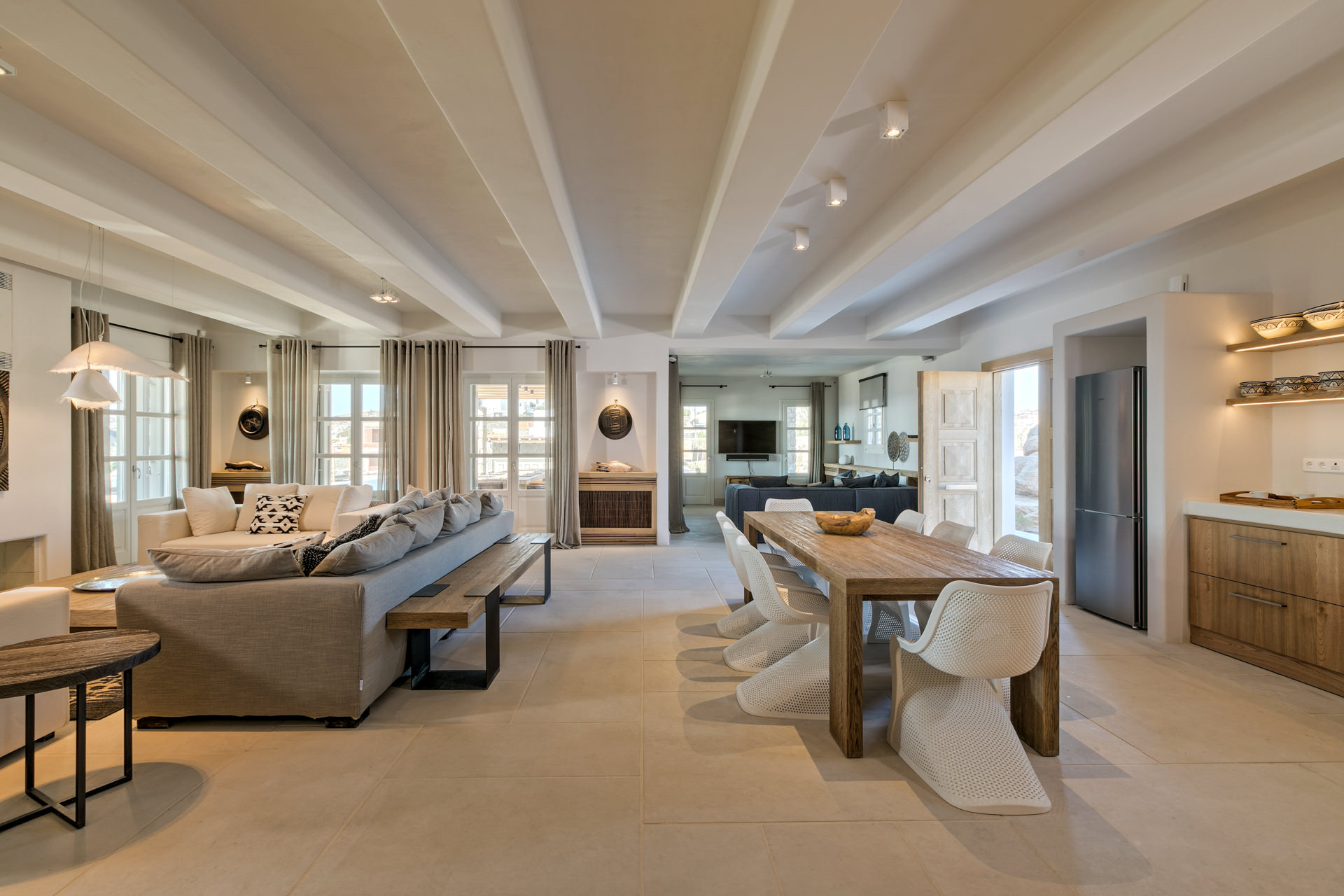 Open-plan living area at Villa Arion in Aleomandra, Mykonos
