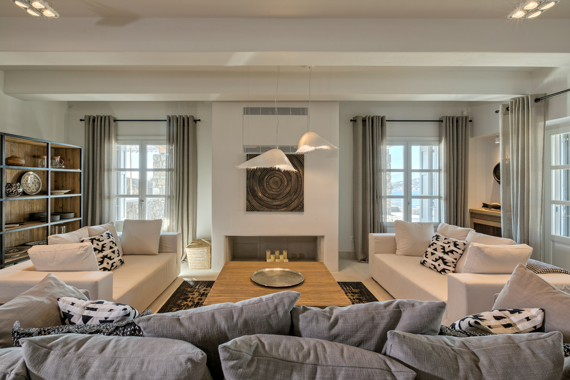 Living room with sofas at Villa Arion in Aleomandra, Mykonos