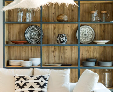 Living room shelving and seating at Villa Arion in Aleomandra, Mykonos