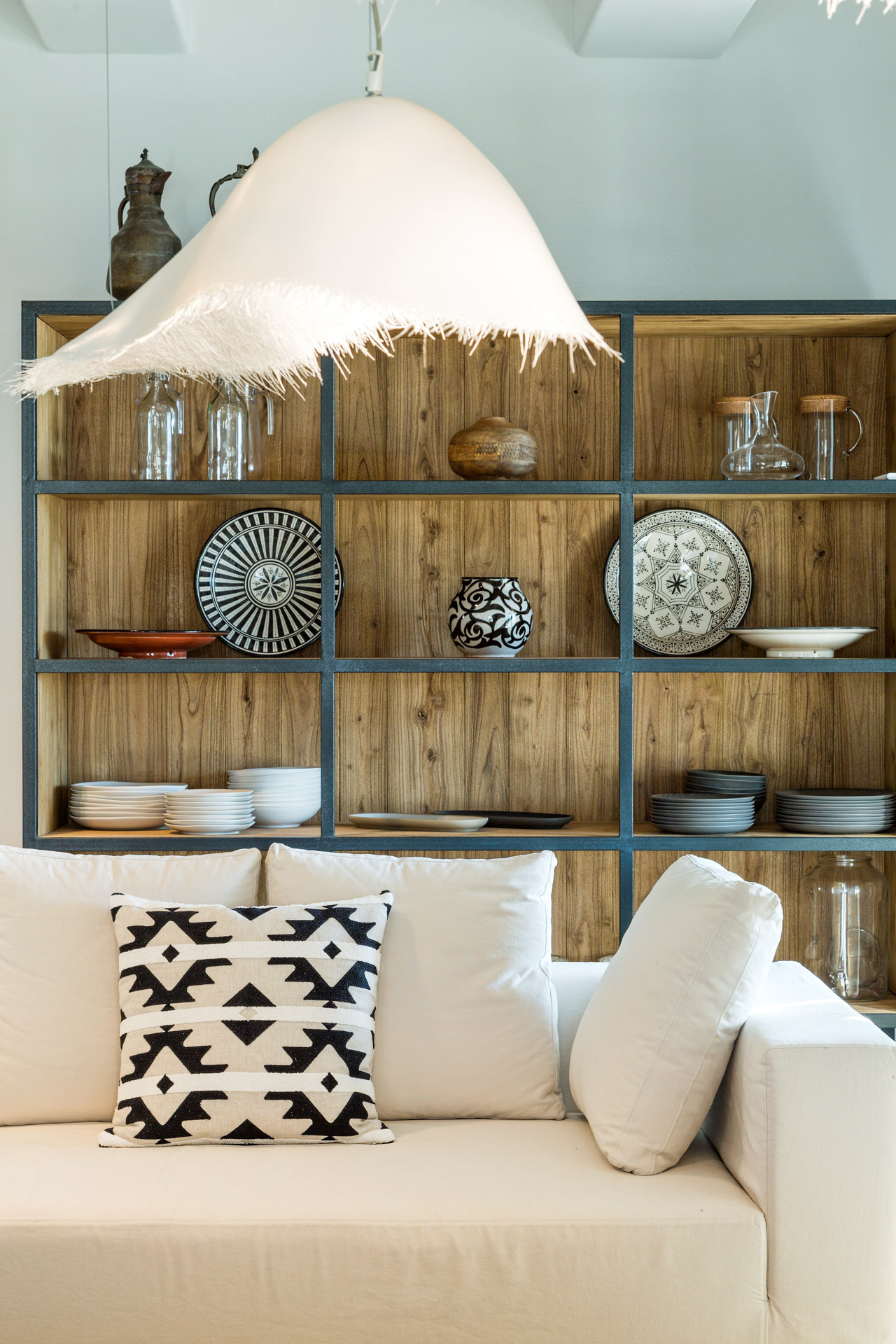 Living room shelving and seating at Villa Arion in Aleomandra, Mykonos