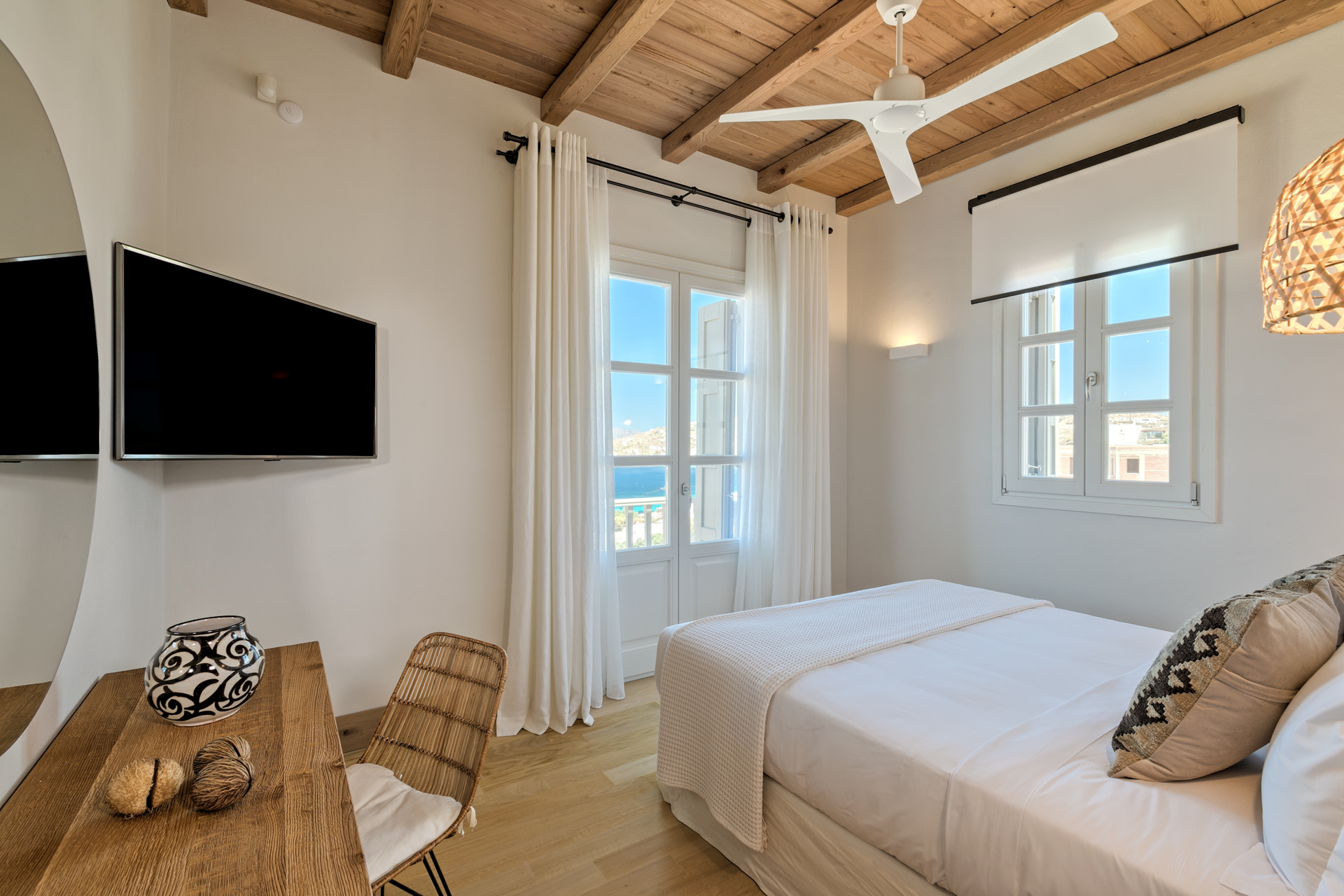 Double bedroom with sea view at Villa Arion in Aleomandra, Mykonos