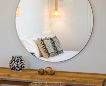 Bedroom dressing table and mirror at Villa Arion in Aleomandra, Mykonos