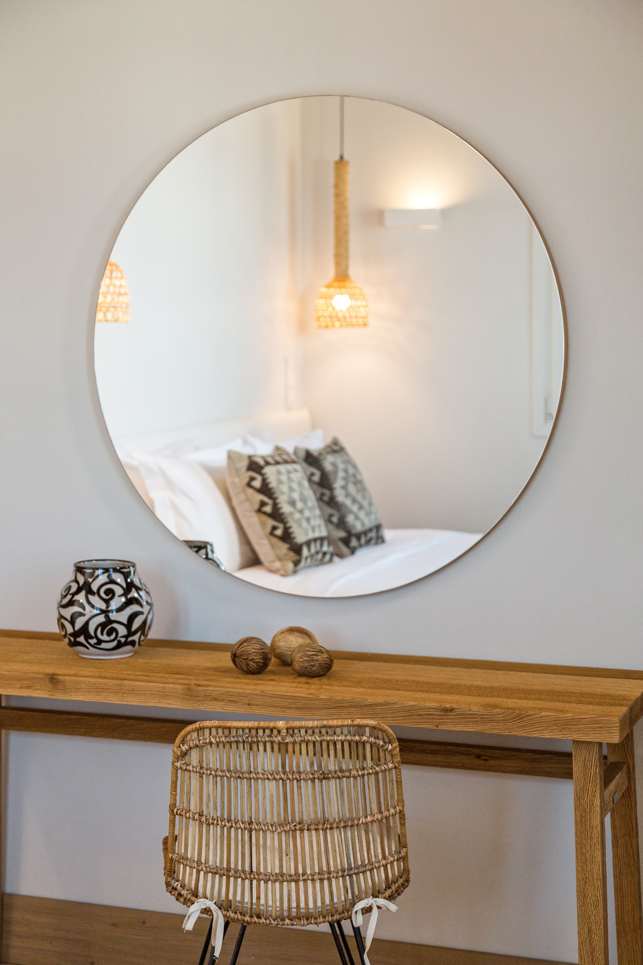 Bedroom dressing table and mirror at Villa Arion in Aleomandra, Mykonos