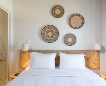 Double bedroom with glass shower at Villa Arion in Aleomandra, Mykonos