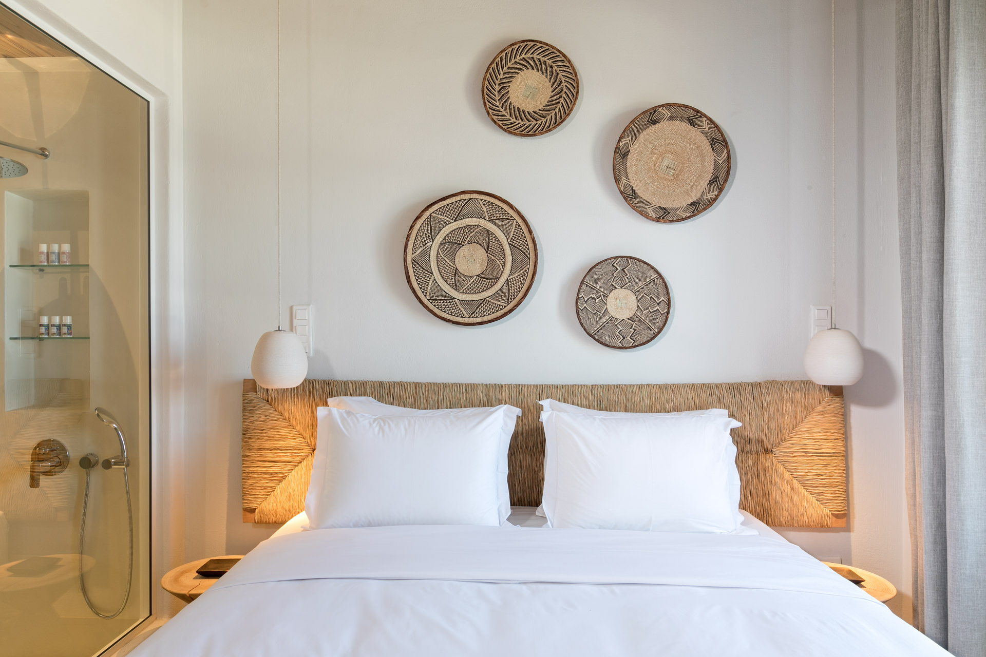 Double bedroom with glass shower at Villa Arion in Aleomandra, Mykonos