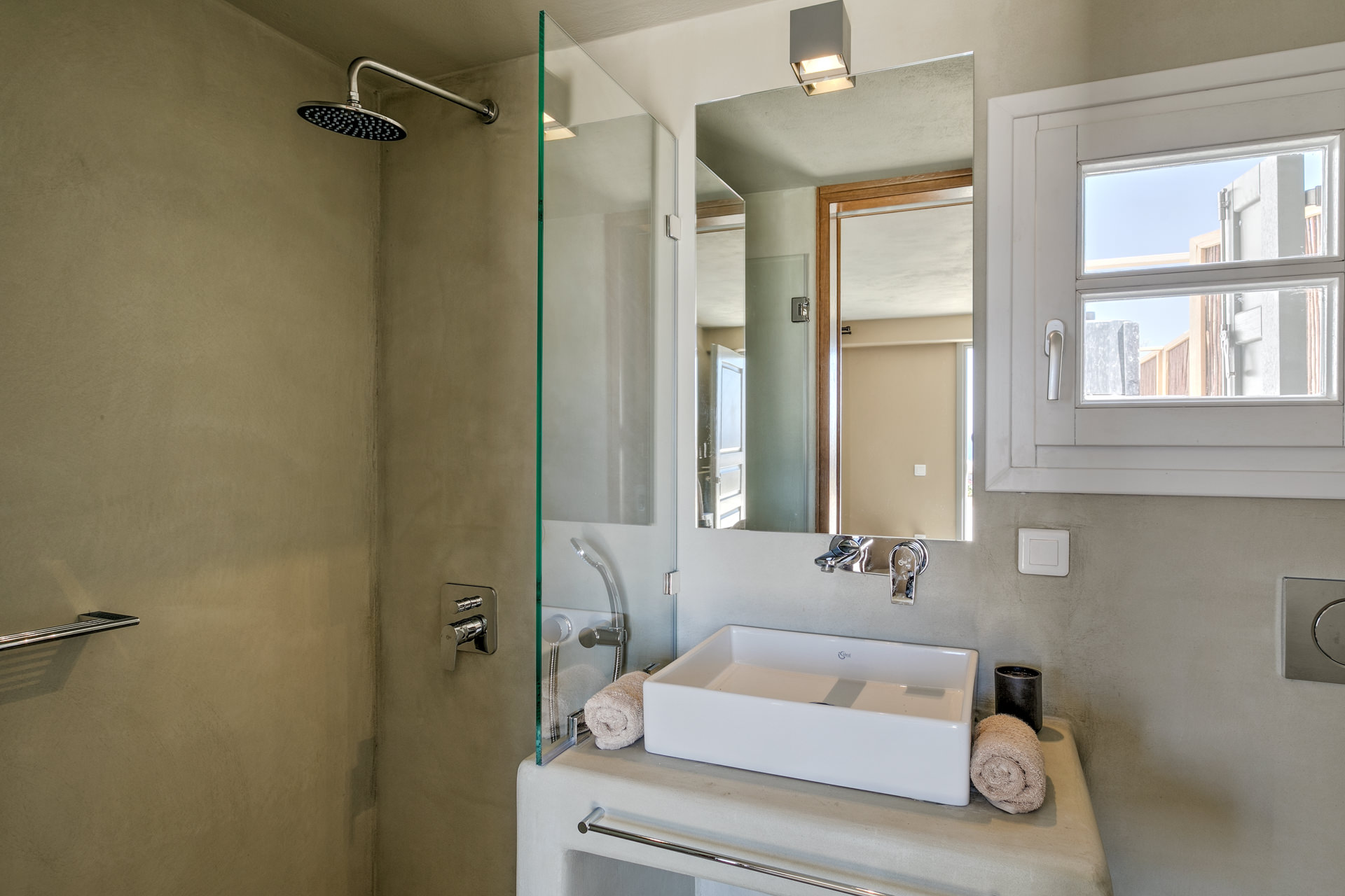 Guest room shower room at Villa Arion in Aleomandra, Mykonos