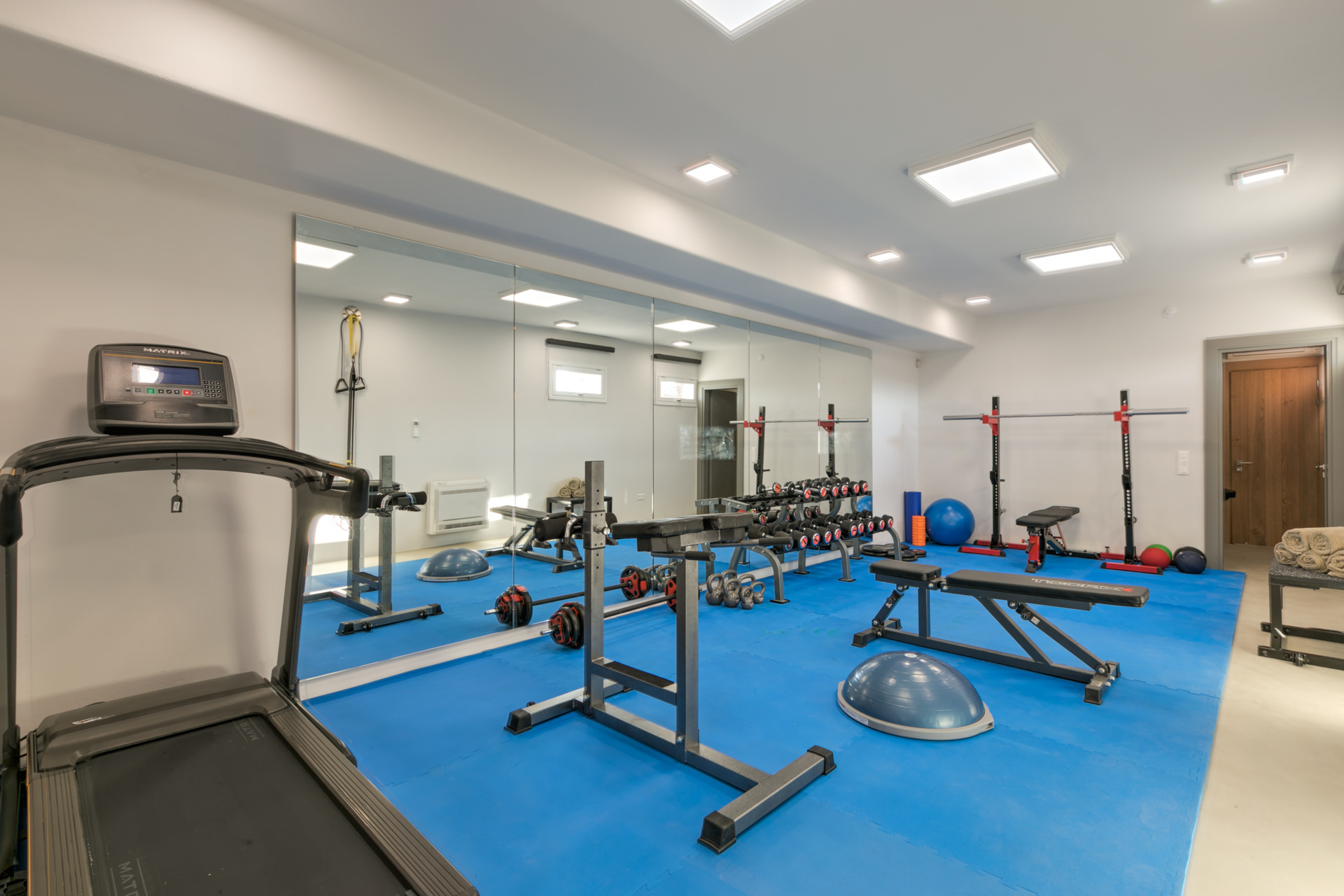 Gym with treadmill and weights at Villa Arion in Aleomandra, Mykonos