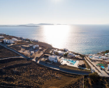 Aerial view of Aleomandra, Mykonos, with Villa Arion and the Aegean Sea