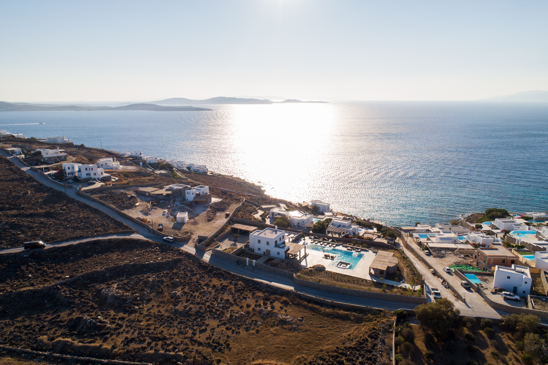 Aerial view of Aleomandra, Mykonos, with Villa Arion and the Aegean Sea
