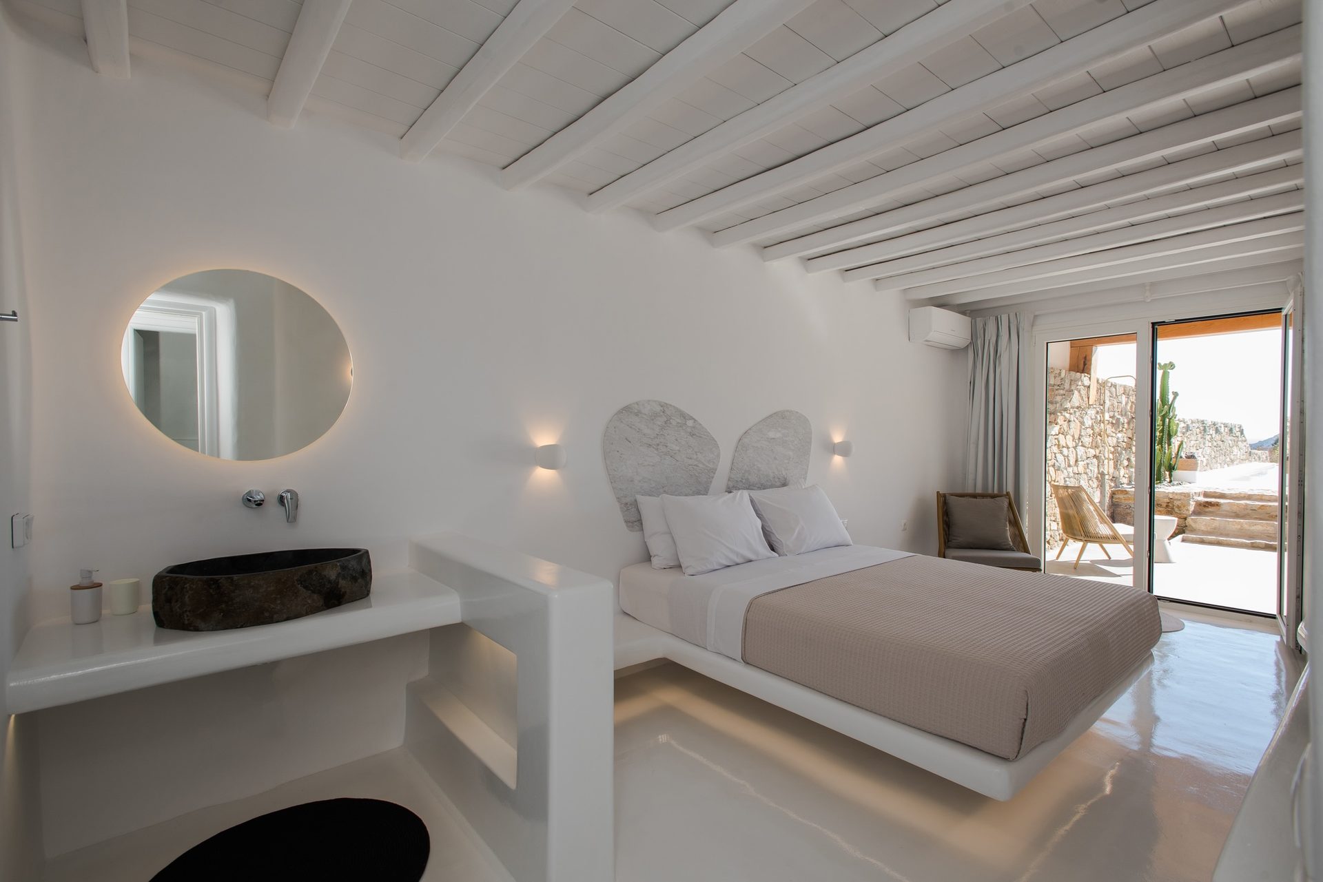 Bedroom with terrace door at Villa Costa in Elia, Mykonos