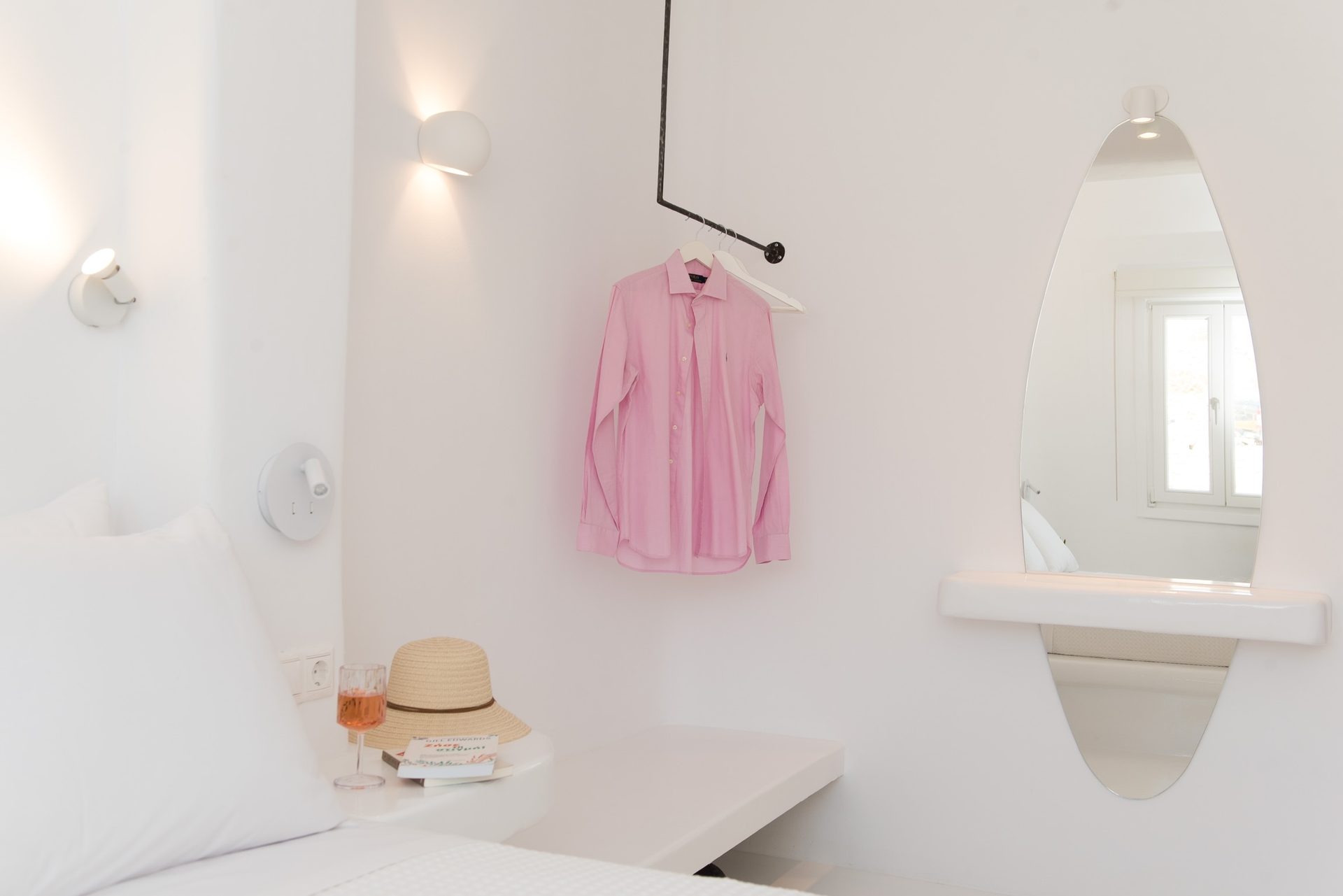Bedroom with mirror niche at Villa Costa in Elia, Mykonos