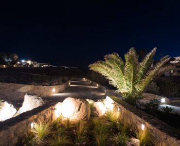 Garden lights at night at Villa Costa in Elia, Mykonos