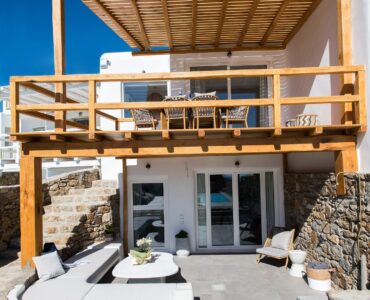 Covered veranda by the pool at Villa Costa in Elia, Mykonos